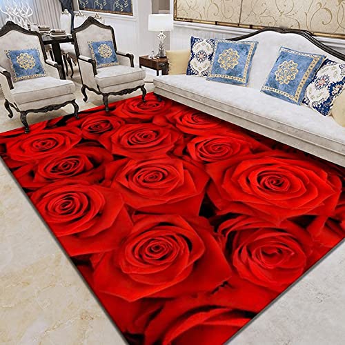 YEWIER 3D quadratischer Teppich Leuchtend rote Rose Pflanze modernes Zuhause Wohnzimmer rutschfeste Bodenmatte Schlafzimmer Krabbelmatte Fußmatte von YEWIER