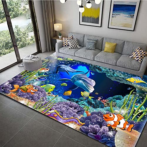 YEWIER Unterwasser-Korallen schwimmende Fische 3D-Teppich Junge Mädchen Zimmer Spiel Bodenmatte Wohnzimmer Schlafzimmer weicher Sofateppich von YEWIER