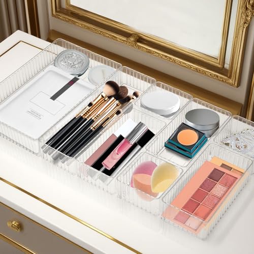 YEXEXINM 10 Stück Transparent Schubladen Organizer Stapelbares Acryl-Schubladen-Organizer-Set Antirutsch Schubladen Ordnungssystem für Makeup Kosmetik Schminktisch Küche Badezimmer Büro von YEXEXINM