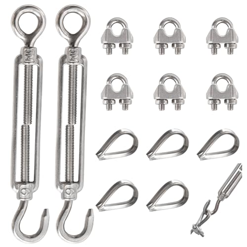 YEYIT 13 Stück Teillig Seilspanner Spannschloss Set Spannschloss M6 Drahtspanner Set mit Edelstahl Spannschloss M6 Drahtseilklemme M3 Edelstahl Drahtseil Kauschen M3 Für Seil Gartendraht Zaunspanner von YEYIT