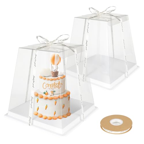 YEYONG 2 Stück Tortenkarton Durchsichtige Tortentransportbox 23.5x23.5x20.5cm Wiederverwendbar Tortenbox Tortenbehälter mit Band, Kuchenbehälter Hoch Geschenkbox Transparente Cake Box (6 inch) von YEYONG