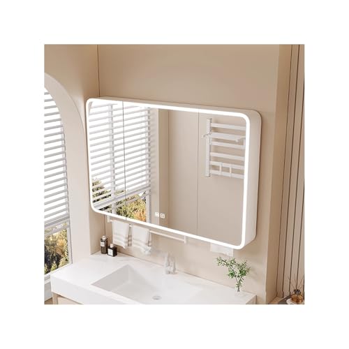 YFAURNDE Spiegelschrank Bad mit Beleuchtung,Spiegelschrank, Hängende Wandschränke mit Spiegeln, Hochauflösender Silberspiegel/Stauraum/Antibeschlag/sanfte Beleuchtung(White,90cm/35.4in) von YFAURNDE
