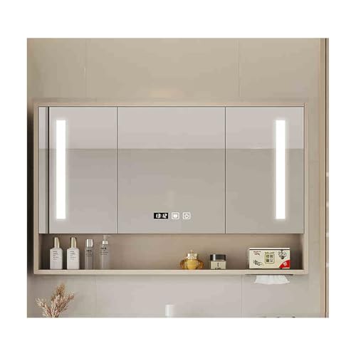 YFAURNDE Spiegelschrank Bad mit Beleuchtung spiegelschrank Bad,Langlebig und geräuschlos/Humanisiertes Taschentuchloch/Hardware-Zubehör/Unterteilter Stauraum/Sanfte Beleuchtung(Cream Gray,90cm/35.4in) von YFAURNDE
