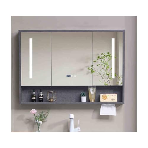 YFAURNDE Spiegelschrank Bad mit Beleuchtung spiegelschrank Bad,Langlebig und geräuschlos/Humanisiertes Taschentuchloch/Hardware-Zubehör/Unterteilter Stauraum/Sanfte Beleuchtung(Gray,90cm/35.4in) von YFAURNDE