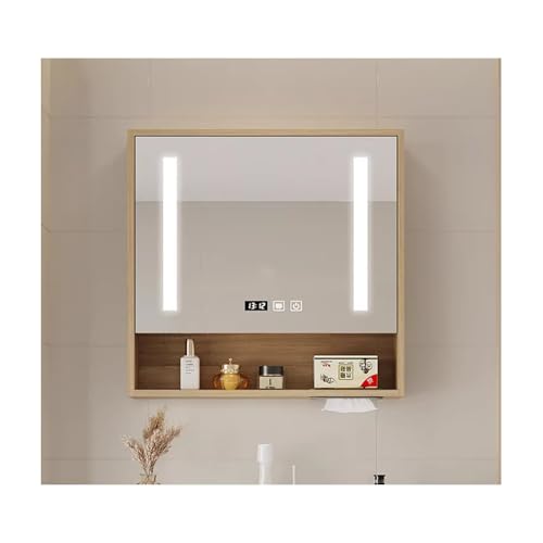 YFAURNDE Spiegelschrank Bad mit Beleuchtung spiegelschrank Bad,Langlebig und geräuschlos/Humanisiertes Taschentuchloch/Hardware-Zubehör/Unterteilter Stauraum/Sanfte Beleuchtung(Wood,60cm/23.6in) von YFAURNDE