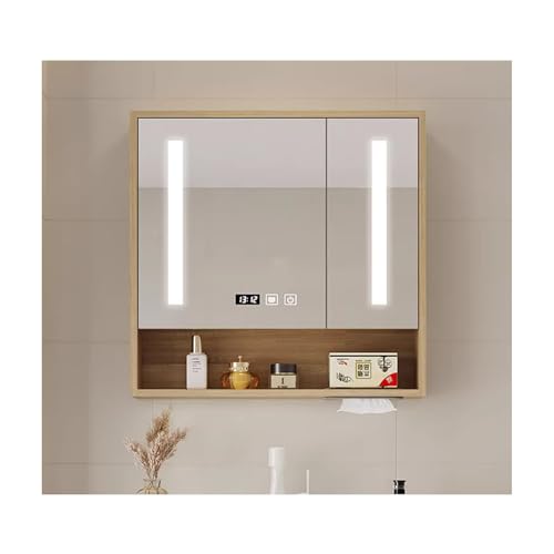 YFAURNDE Spiegelschrank Bad mit Beleuchtung spiegelschrank Bad,Langlebig und geräuschlos/Humanisiertes Taschentuchloch/Hardware-Zubehör/Unterteilter Stauraum/Sanfte Beleuchtung(Wood,70cm/27.5in) von YFAURNDE