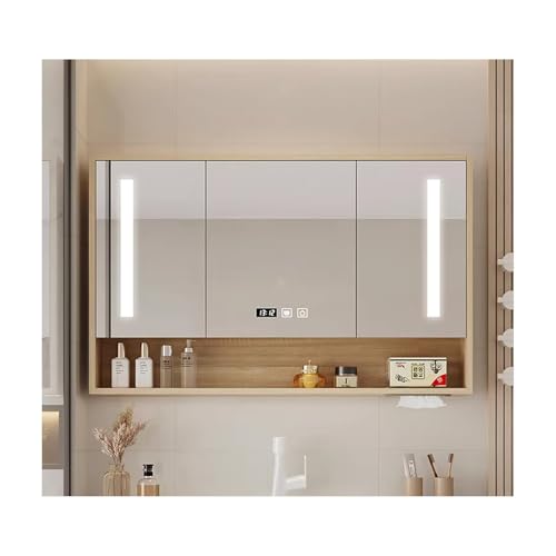 YFAURNDE Spiegelschrank Bad mit Beleuchtung spiegelschrank Bad,Langlebig und geräuschlos/Humanisiertes Taschentuchloch/Hardware-Zubehör/Unterteilter Stauraum/Sanfte Beleuchtung(Wood,90cm/35.4in) von YFAURNDE