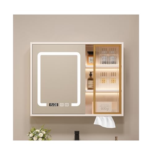 YFAURNDE Wandmontierter Badezimmerspiegelschrank, Spiegelkast met verlichting,badschrank mit Spiegel, Massivholz, Separate Lagerung, Smart, Beleuchtung, Entfeuchtung(White,60cm/23.6in) von YFAURNDE