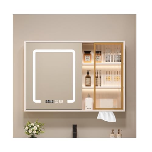 YFAURNDE Wandmontierter Badezimmerspiegelschrank, Spiegelkast met verlichting,badschrank mit Spiegel, Massivholz, Separate Lagerung, Smart, Beleuchtung, Entfeuchtung(White,90cm/35.4in) von YFAURNDE
