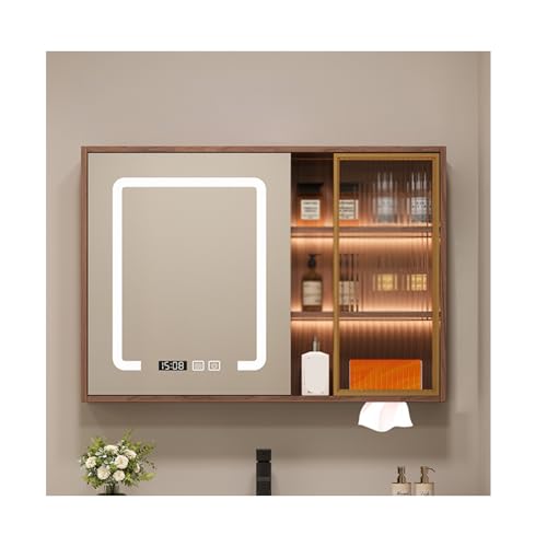 YFAURNDE Wandmontierter Badezimmerspiegelschrank, Spiegelkast met verlichting,badschrank mit Spiegel, Massivholz, Separate Lagerung, Smart, Beleuchtung, Entfeuchtung(Wood,60cm/23.6in) von YFAURNDE
