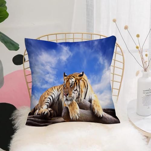 YFHJV Kissenbezüge kissenhüllen für,Schlafzimmer Wohnzimmer Büro,Zierkissenbezug mit unsichtbarem Reißverschluß,Tiger Sitzt Auf Holz Unter Blauem Himmel Mit Blick Auf Die Tierwelt Und,40x40 cm von YFHJV