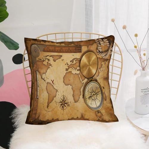 YFHJV Kissenbezüge kissenhüllen für,Schlafzimmer Wohnzimmer Büro,Zierkissenbezug mit unsichtbarem Reißverschluß,Tragen Sie eine Karte mit klassischen Navigationsinstrumenten, einem Messingko,40x40 cm von YFHJV