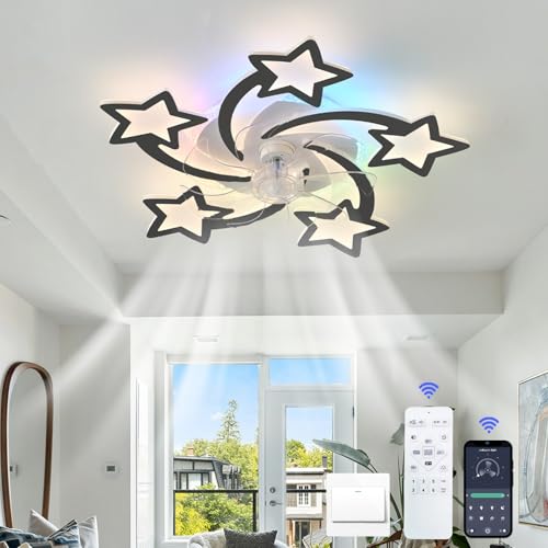 YFHKWJ Kinder Stern Deckenventilator Mit Beleuchtung Und Fernbedienung APP LED Dimmbare RGB Licht Mit Ventilator 6 Geschwindigkeit DC Motor Für Schlafzimmer Wohnzimmer Blume Modernes Design-Black von YFHKWJ