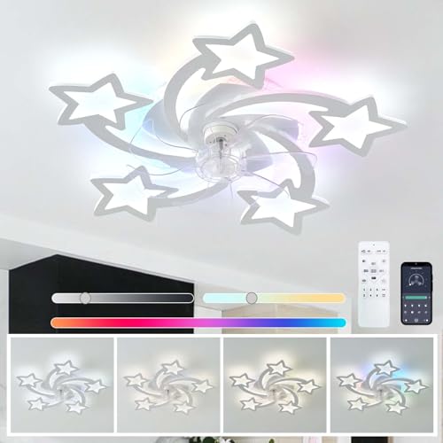 YFHKWJ Moderner Weißer Star Deckenventilator Mit Licht Und Fernbedienung Schlafzimmer Kinder RGB Licht Mit Ventilator 6 Geschwindigkeiten Reversible Leise DC Motor Für Wohnzimmer Kinderzimmer von YFHKWJ
