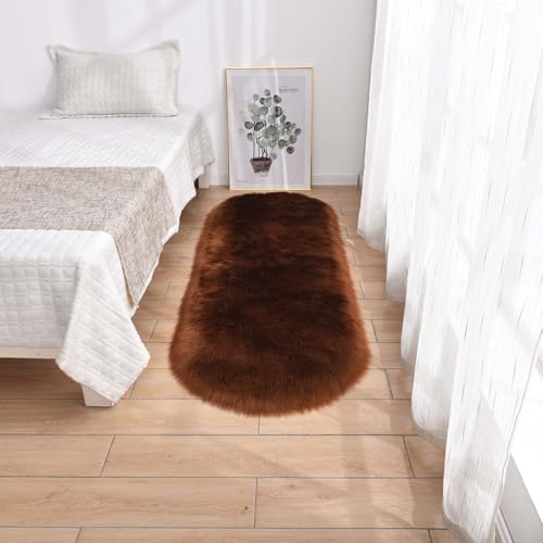 YFHT Oval Teppich Wohnzimmer, Weiche Warme Anti-Rutsch Modern Bettvorleger, Flauschiger Waschbare Schlafzimmer Teppiche,Braun,60×90cm von YFHT