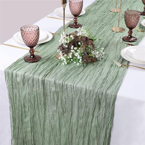 YFJSML Tischläufer, Grün Musselin Dekostoff 300 x 90cm Chiffon Tischläufer Hochzeit Salbeigrün Stoff Tüll Seihtuch Tischläufer Hellgrün Boho Table Runner Tischdeko Gaze Rustikal Tischläufer Waschbar von YFJSML
