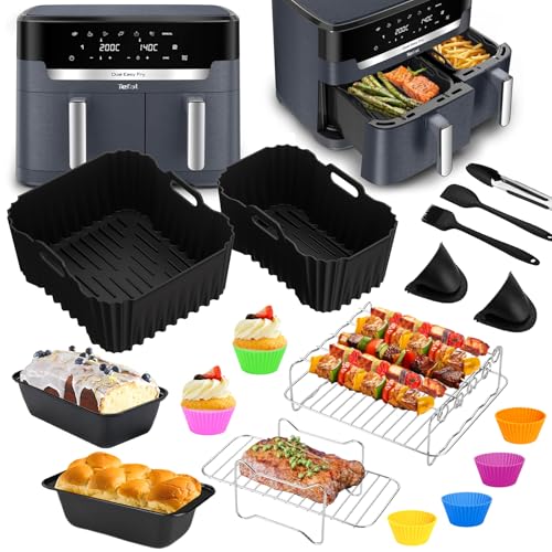 Heissluftfritteuse Zubehör für Tefal EY942B Dual Easy Fry XXL 11 Liter(6,5L+4,5L) - 17 Stück Airfryer Silikonform Zubehör Set für Tefal Dual Heißluftfritteuse - Silikonform, Grillrost, Kuchen Brotform von YFKJEU