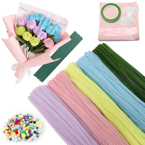 YFLeomry 500 Stück Pfeifenreiniger Blumen Set ，30 cm Pfeifenputzer zum Basteln， Pfeifenputzer zum Basteln Blumen Mit Blumendraht, Floristenklebeband，Straußpapier （Lila, Rosa, Grün,Gelb, Blau） von YFLeomry