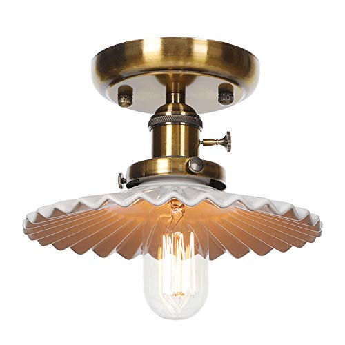 YFMYY Industrie Vintage-Keramik Milch-weiße Schatten-Deckenleuchte Metallschmiedeeisen Halb Flush Mount Deckenleuchte mit Schalter E27-Lampen-Halter AC110-240V (Color : Brass) von YFMYY