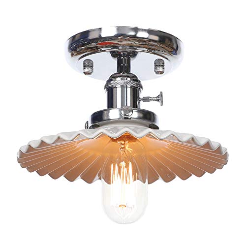 YFMYY Industrie Vintage-Keramik Milch-weiße Schatten-Deckenleuchte Metallschmiedeeisen Halb Flush Mount Deckenleuchte mit Schalter E27-Lampen-Halter AC110-240V (Color : Chrome) von YFMYY