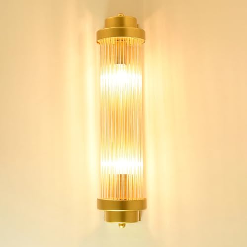 YFMYY Moderne Kristall-Wandleuchte, 2-flammige goldene Wandleuchte für den Innenbereich, drehbare Wandleuchte mit langem Rohr, zylindrische, klare Wandleuchte mit E14-Sockel für Wohnzimmer, Nachttisch von YFMYY