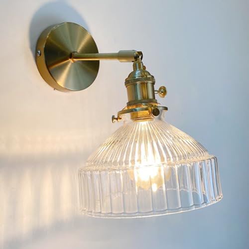 YFMYY Moderne Wandleuchten im nordischen Stil, Wandleuchte aus plissiertem Glas mit Lampenschirm und Schalter, um 180° nach oben und unten verstellbare Vintage-Wandleuchte aus Messing für Schlafzimmer von YFMYY