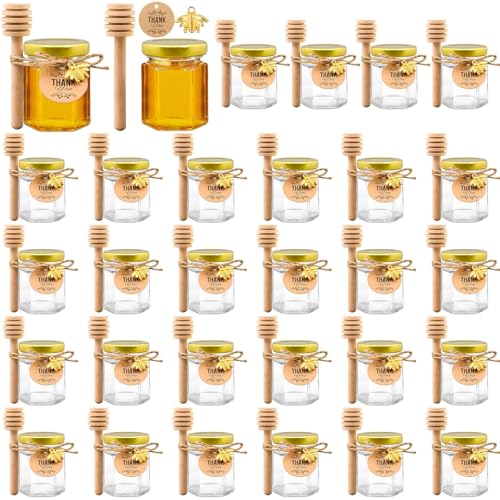 50 Stück Kleine Honiggläser 45ml, leer Marmeladengläser Mini Hexagon Glas Honig mit goldener Deckel,Holzschöpflöffel, Eukalyptus Etiketten, Bienen Charms,Dankeskarten, Jutes, perfekt für Baby Dusche 50 Stück Kleine Honiggläser 45ml, leer Marmeladengläser Mini Hexagon Glas Honig mit goldener Deckel,Holzschöpflöffel, Eukalyptus Etiketten, Bienen Charms,Dankeskarten, Jutes, perfekt für Baby Dusche von YFNVH
