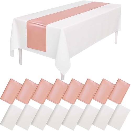 YFNVH 16-teiliges Set aus weißen und rotgoldenen Tischdecken und Satin-Tischläufern, enthält 8 Kunststoff-Tischdecken 137 x 272 cm und 8 Tischläufer 35 x 275 cm, für Party, Geburtstag, Hochzeit YFNVH 16-teiliges Set aus weißen und rotgoldenen Tischdecken und Satin-Tischläufern, enthält 8 Kunststoff-Tischdecken 137 x 272 cm und 8 Tischläufer 35 x 275 cm, für Party, Geburtstag, Hochzeit von YFNVH