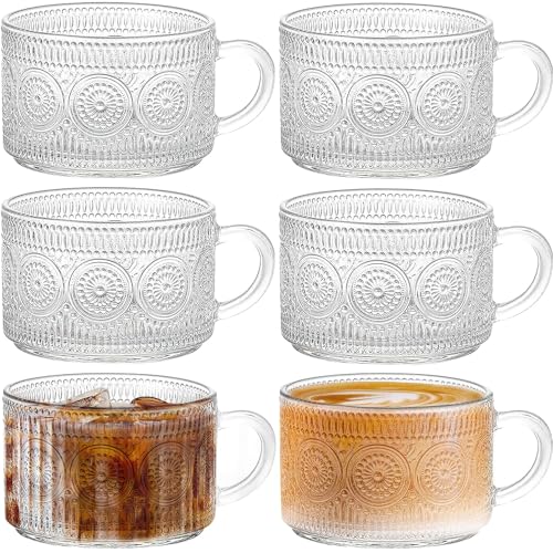 YFNVH Vintage Glas Kaffeetassen 6er Set, 500 ml klare geprägte Teetassen mit Henkel für Cappuccino, Latte, Milch, heiße oder kalte Getränke YFNVH Vintage Glas Kaffeetassen 6er Set, 500 ml klare geprägte Teetassen mit Henkel für Cappuccino, Latte, Milch, heiße oder kalte Getränke von YFNVH
