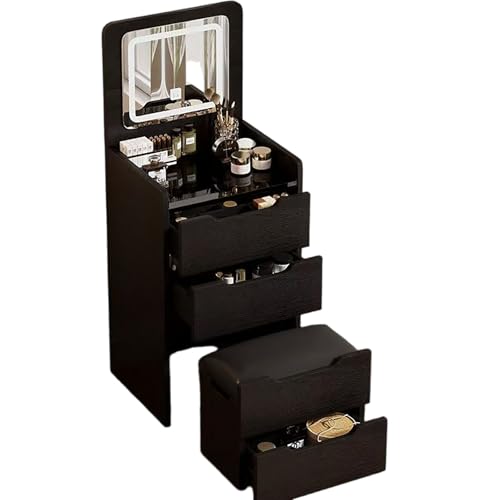 YFSMBD 3 in 1 Schminktisch mit Hocker, Frisiertisch mit aufklappbarem Spiegel, sichtbarer Glasplatte, 3 Schubladen, LED-Beleuchtung Kleines Schminktisch Kosmetiktisch fürs Schlafzimmer (Schwarz,60cm) von YFSMBD