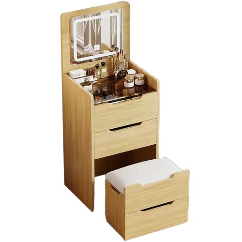 YFSMBD 3 in 1 Schminktisch mit Hocker, Frisiertisch mit aufklappbarem Spiegel, sichtbarer Glasplatte,3 Schubladen,LED-Beleuchtung Kleines Schminktisch, Kosmetiktisch fürs Schlafzimmer (Naturholz,60cm) von YFSMBD