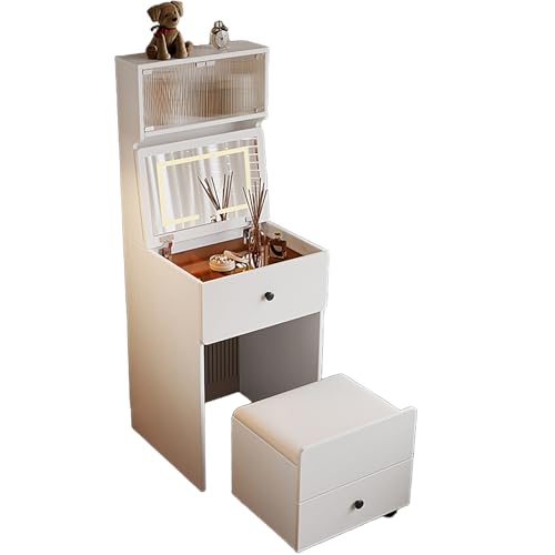 YFSMBD 3 in 1 Schminktisch mit Klappspiegel und LED, Kosmetiktisch mit sichtbarer Glasplatte, 2 Schubladen, 2 Ablagen, Aufbewahrungshocker mit 4 Rollen, Frisiertisch für Schlafzimmer (48cm,Weiß) von YFSMBD