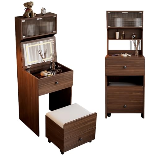 YFSMBD 3 in 1 Schminktisch mit Klappspiegel und LED, Kosmetiktisch mit sichtbarer Glasplatte, 2 Schubladen, 2 Ablagen, Aufbewahrungshocker mit 4 Rollen, Frisiertisch für Schlafzimmer (60cm,Braun) von YFSMBD