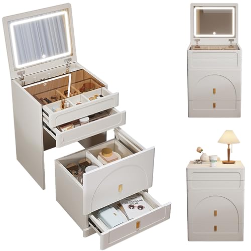 YFSMBD Schminktisch 3 in 1 mit Klappspiegel, LED-Beleuchtung, sichtbarer Glasplatte, Frisiertisch mit 3 Schubladen, Hocker mit 4 Universalrollen, Kosmetiktisch für Schlafzimmer, Weiß (60cm) von YFSMBD