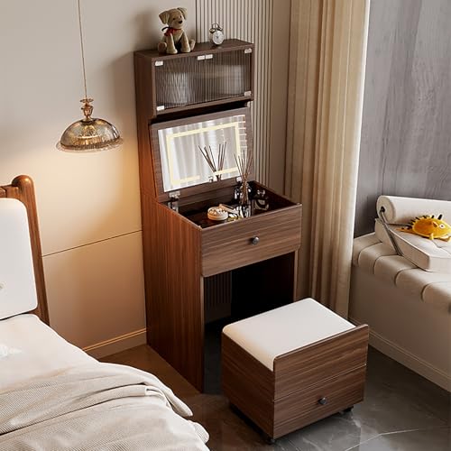 YFSMBD Schminktisch mit Beleuchtung, Schminktisch mit Spiegel und Hocker, 2 Schubladen, 2 Ablagen, Aufbewahrungshocker mit 4 Rollen, Frisiertisch für Schlafzimmer Kosmetiktisch (Braun,60cm) von YFSMBD