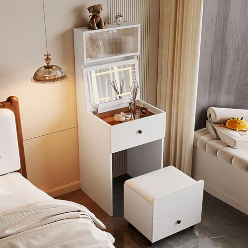 YFSMBD Schminktisch mit Beleuchtung, Schminktisch mit Spiegel und Hocker, 2 Schubladen, 2 Ablagen, Aufbewahrungshocker mit 4 Rollen, Frisiertisch für Schlafzimmer Kosmetiktisch (Weiß,60cm) von YFSMBD