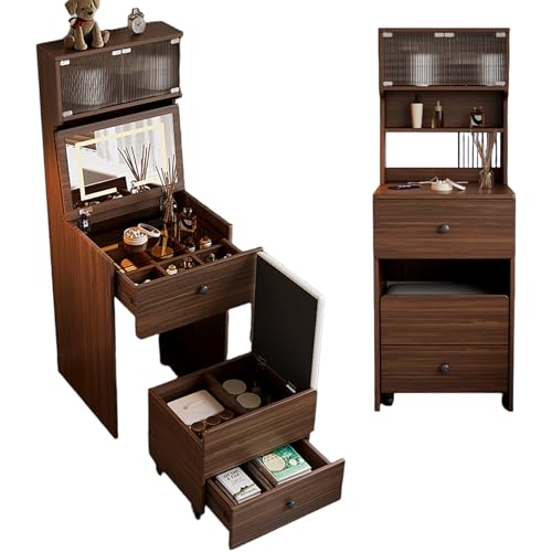 YFSMBD Schminktisch mit Spiegel und Hocker und Beleuchtung, 2 Schubladen, 2 Ablagen, Steckdosen und USB-Anschlüsse, Aufbewahrungshocker mit Rollen, Kosmetiktisch mit sichtbarer Glasplatte (Braun,60cm) von YFSMBD