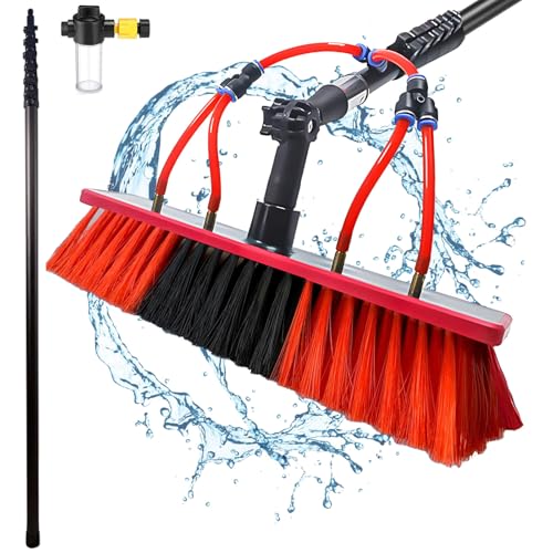 YFSMBD Teleskop Waschbürste 18m mit Wasseranschluss | mit Seifenspender und Schlauch | Reinigungsbürste Ausziehbar aus Kohlefaser für PV Anlagen, Fenster, Terrassendach, Wohnmobil UVM, 55cm Bürste von YFSMBD