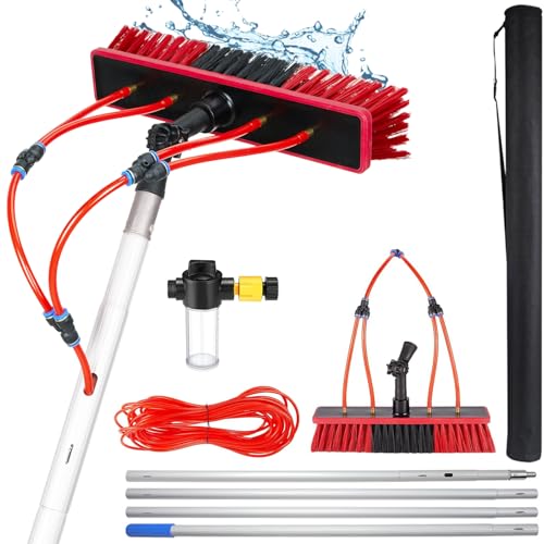 YFSMBD Teleskop Waschbürste 3-16 Meter 3-in-1 Bürstenkopf mit Weichen Borsten & Wasseranschluss & Seifenspender & 20M Wasserschlauch für Fenster, Solar, PV Anlagen (55cm Bürste,13m) von YFSMBD