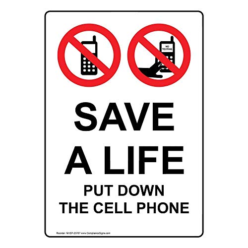 YFULL Blechschild "Save A Life Put Down The Cellphone", vertikal, Metall, 20,3 x 30,5 cm, mit englischem Text und Symbol, Weiß YFULL Blechschild "Save A Life Put Down The Cellphone", vertikal, Metall, 20,3 x 30,5 cm, mit englischem Text und Symbol, Weiß von YFULL