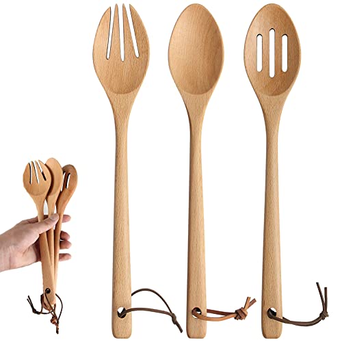 1 x Holz-Kochlöffel, 1 x Abtropflöffel und 1 x Kochgabel, 30 cm großes Servierlöffel-Set für Buffet, Party, Bankett, Tisch und Küche von YFWOOD