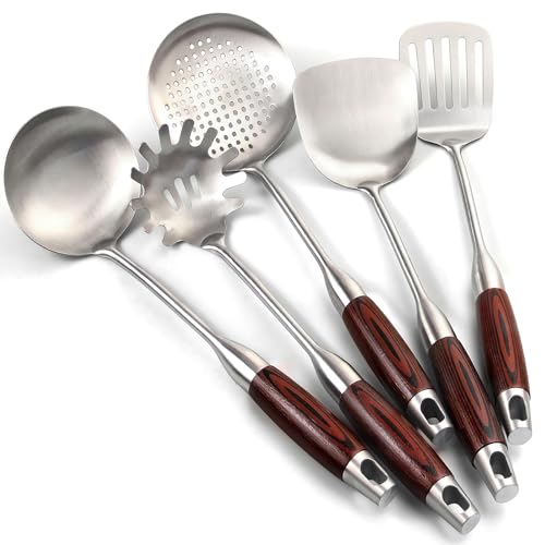 Edelstahl Küchenutensilien-Set, 5 Teiliges Kochutensilien, Spatel, Suppenkelle, Schaumlöffel, Pasta-Server & Schaumlöffel, Spülmaschinenfest von YFWOOD