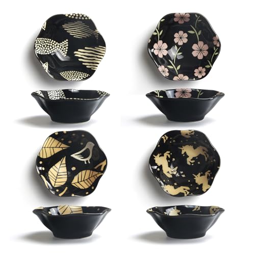 YFWOOD Keramik Dipschalen x 4, Saucenschälchen Porzellan Dipschalen Set, 10,5 cm Schälchen Sojasauce Schälchen, Sushi Schälchen, Fingerfood Gewürzschalen Marmeladenschälchen, 100ml(Schwarz) von YFWOOD