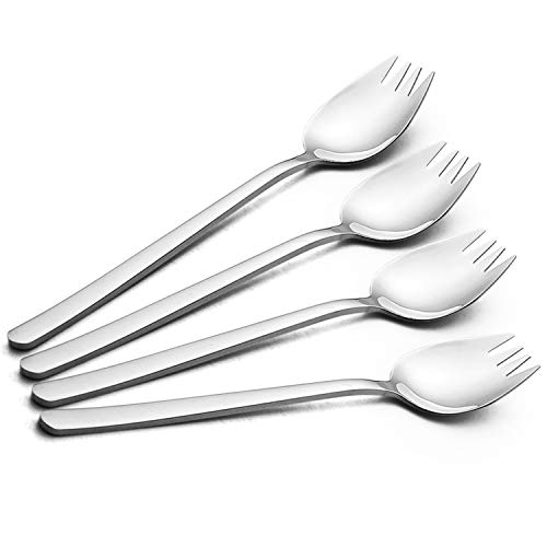 YFWOOD Sporks, 4 Stück 18/10 Edelstahl Göffel 18/10 Langer Griff Dessertlöffel Eislöffel Salatgabeln Besteck-Set Wiederverwendbare Obst Vorspeise Dessertgabeln für Haushalt oder Camping von YFWOOD