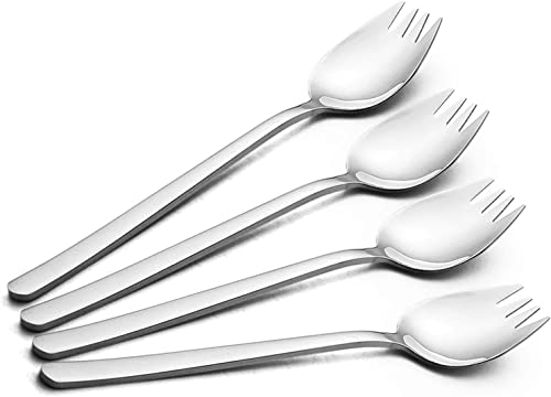 YFWOOD Sporks, 4 Stück 18/10 Edelstahl Sporks, Lang 18.8 cm Salatlöffel, Fruchtdessert Gebratene Reisnudelgabeln, Multifunktion Löffel und Gabel für Camping zu Hause oder auf Reisen von YFWOOD