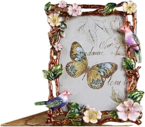 Bilderrahmen Metall-Fotorahmen mit Vogel- und Blumenmotiv, kreativer Emaille-Fotorahmen, Kunst, Heimdekoration, Hochzeits- und Geburtstagsgeschenke (Außen 12 x 17,5 cm), Innen 9,5 x 14 cm von YFXLTYZ