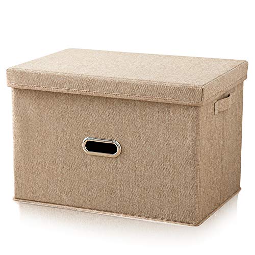 YFZYT Griffe Aufbewahrungsboxen Leinen Stoff Faltbare Korb Würfel Organizer Boxen Container Schubladen mit Deckel und Griffe für Büro Kinderzimmer Schlafzimmer Shelf - M(37 * 27 * 26cm), Khaki#1 von YFZYT