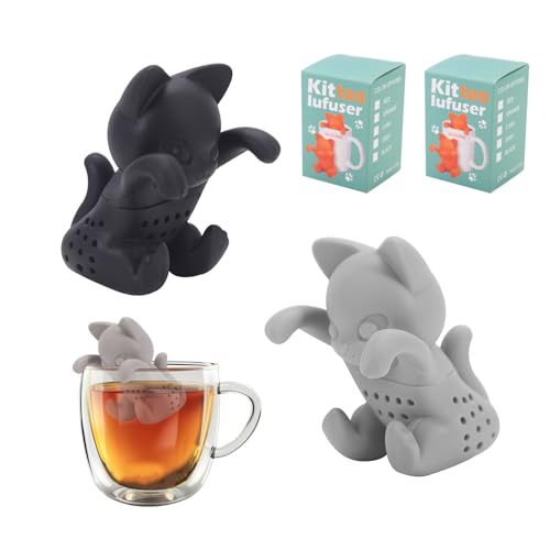 YFaith 2 Stück Teesieb für Losen Tee Lustig 3D-Katzenform, Abnehmbarer Teesieb für Tasse, Silikon Tee Filter Schwarz und Grau, für Teekannen, Teetassen, Geschenk von YFaith