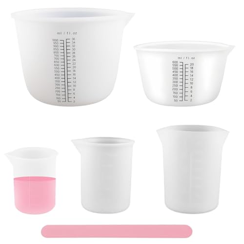 YFaith 5 Stück Silikon Messbecher Gießpulver, Mischbecher Epoxidharz mit Skala, Silikonbecher 1000ml/600ml/100ml/350ml/250ml, Silikonbehälter zum Gießen mit Rührstab, für DIY-Handwerk, Küche von YFaith