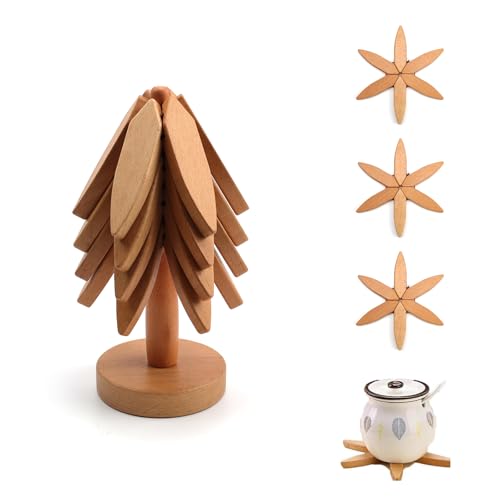 YFaith Untersetzer Holz, 4 Stück Topfuntersetzer Holz, Kreative Topfuntersetzer Baum Hitzebeständig, Pfannenschutz Stapelschutz mit Aufbewahrungsbasis, für Teller, Tassen, Topf von YFaith